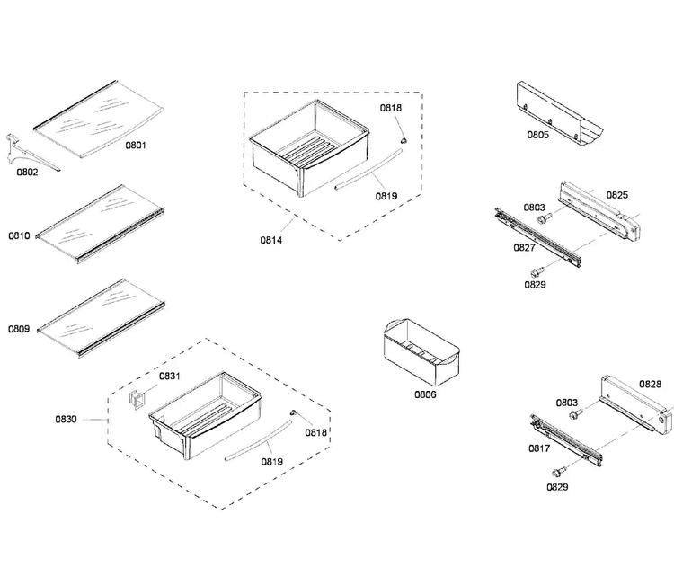 Shelfs 1 Diagram and Parts List for KBUDT4255E 03 Thermador Refrigerator