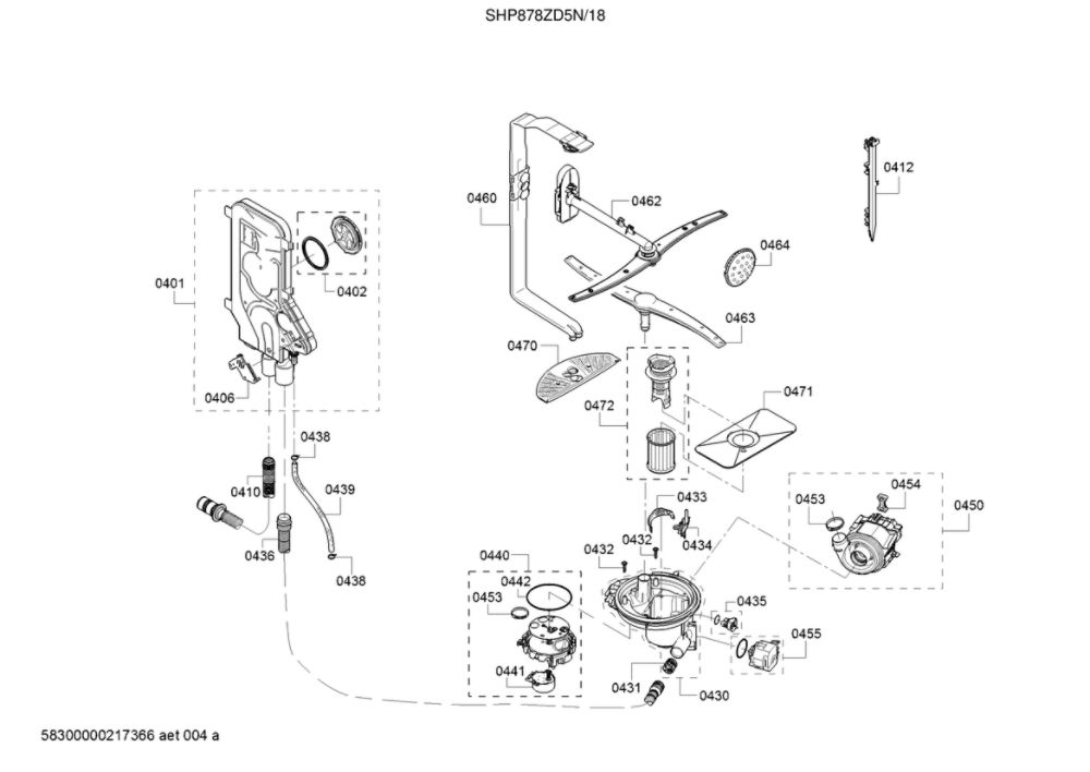 Spray Arm/Water Inlet/Pump Diagram and Parts List for SHP878ZD5N 18 Bosch Dishwasher