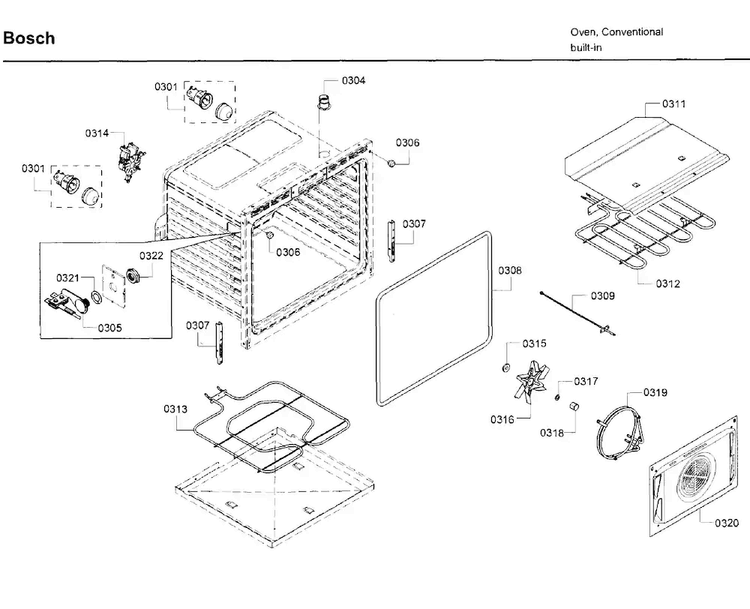 Inner Parts Diagram and Parts List for HBN8651UC 02 Bosch Wall Oven