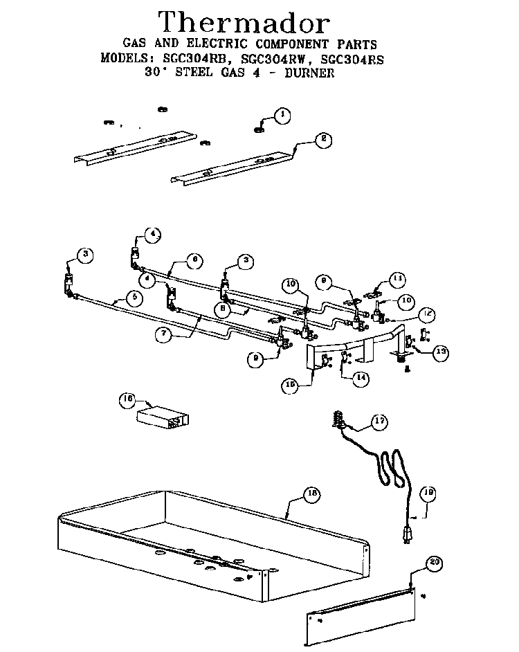 Component Parts Diagram and Parts List for SGC304RS  Thermador Cooktop