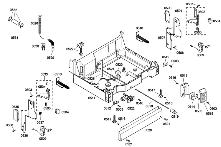 Base Assy Diagram and Parts List for SHE43C02UC 22 Bosch Dishwasher