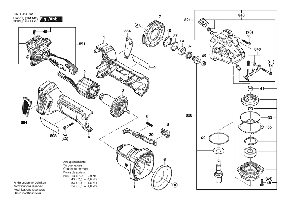 Section 1 Diagram and Parts List for 3601JN4004  Bosch Angle Grinder