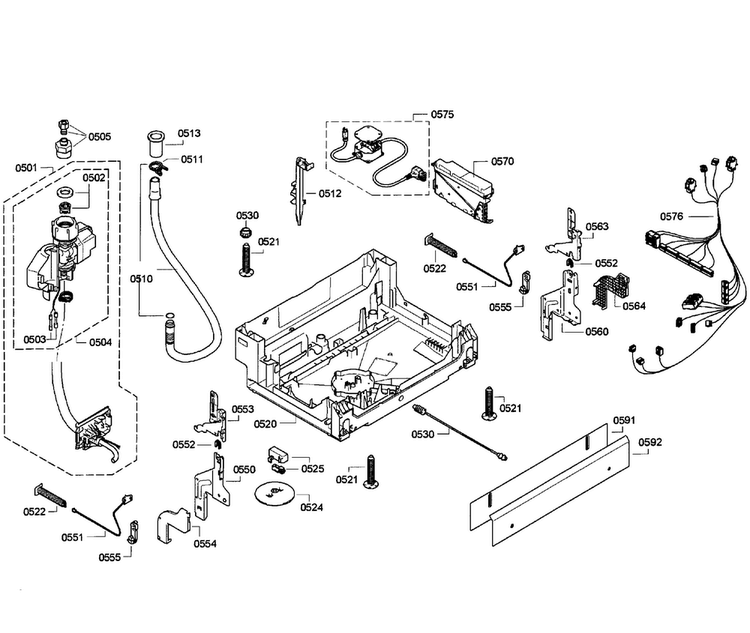 Base Assy Diagram and Parts List for SGE63E06UC 44 Bosch Dishwasher