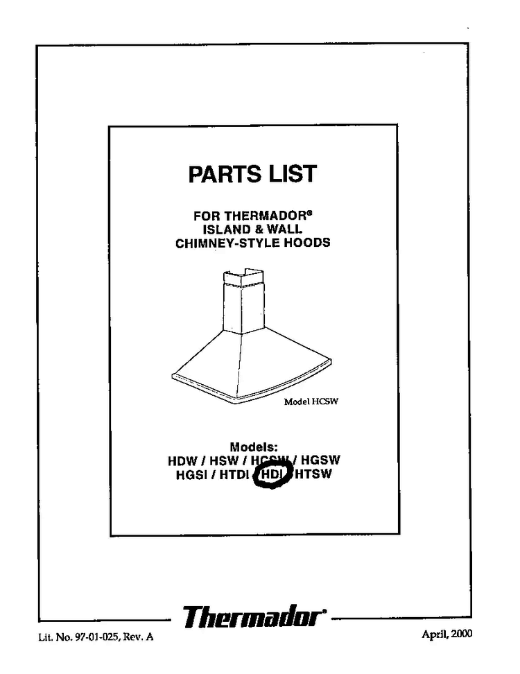 Cover Diagram and Parts List for HDI  Thermador Range Hood