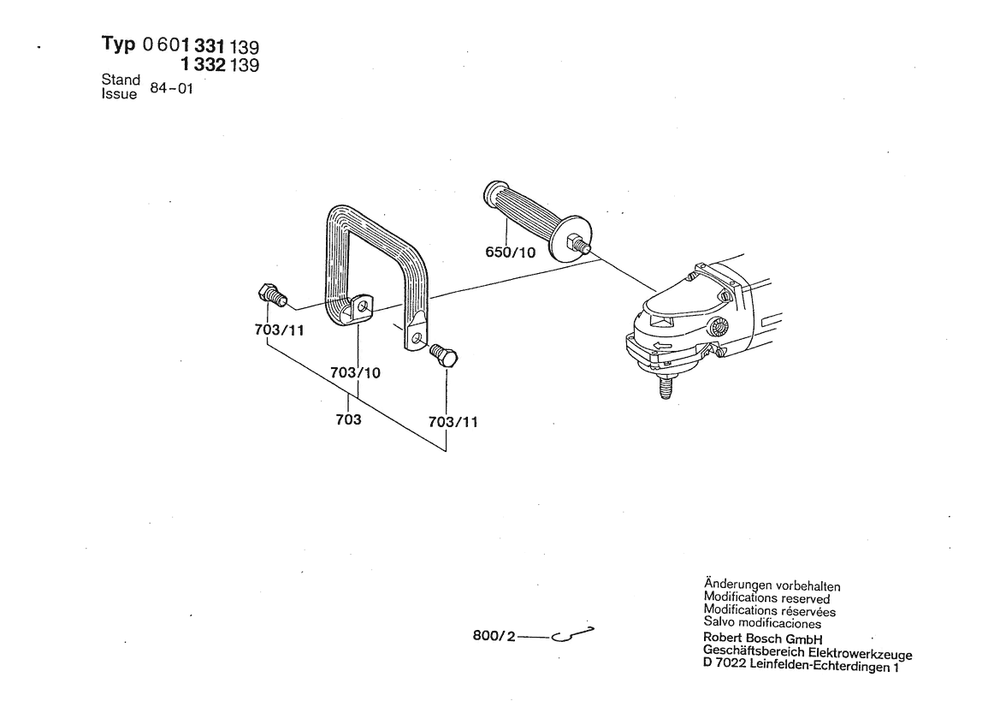 Section 2 Diagram and Parts List for 601331139 0601331139 Bosch Angle Grinder