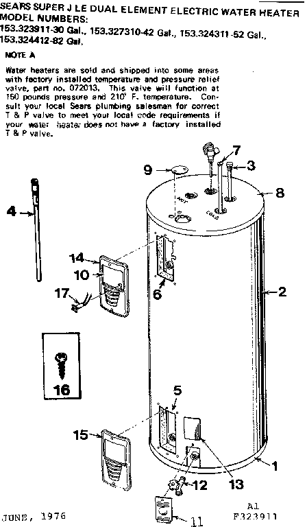 Non-functional Replacement Parts Diagram and Parts List for 153324412  Kenmore Water Heater