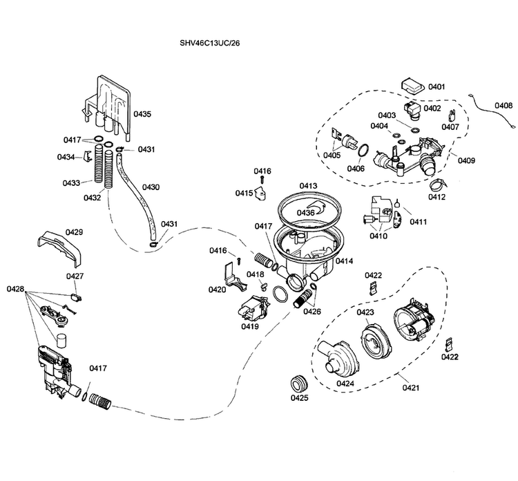 Pump Assy Diagram and Parts List for SHV46C13UC 26 Bosch Dishwasher