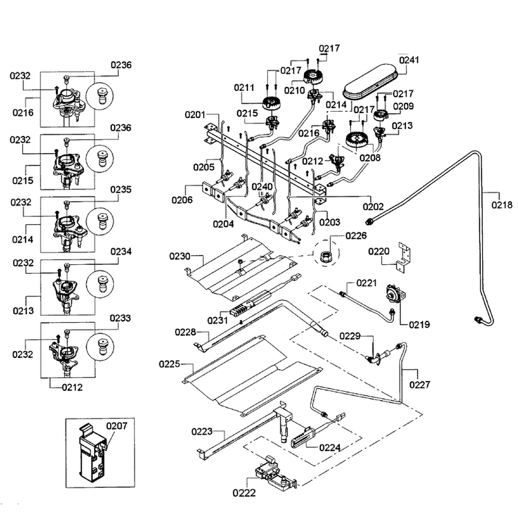 Burners Assy Diagram and Parts List for HGS5053UC 10 Bosch Range