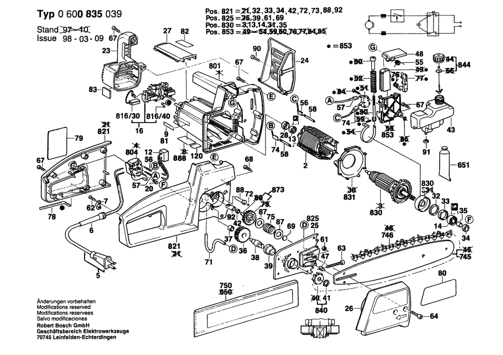 Section 1 Diagram and Parts List for 0600835039  Bosch Chainsaw