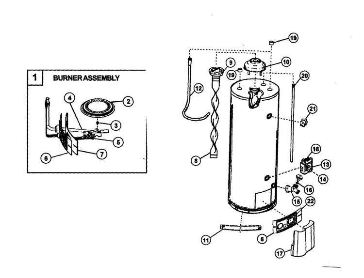 Water Heater Diagram and Parts List for 153339511HA  Kenmore Water Heater