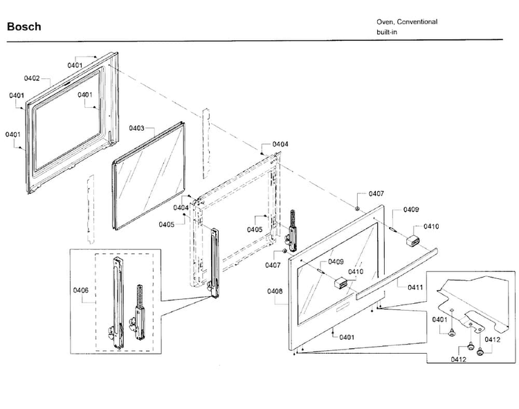 Door Diagram and Parts List for HBN8451UC 02 Bosch Wall Oven
