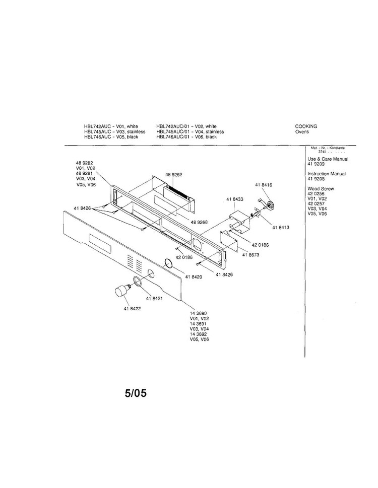 Fascia Panel Diagram and Parts List for HBL745AUC 01 Bosch Wall Oven