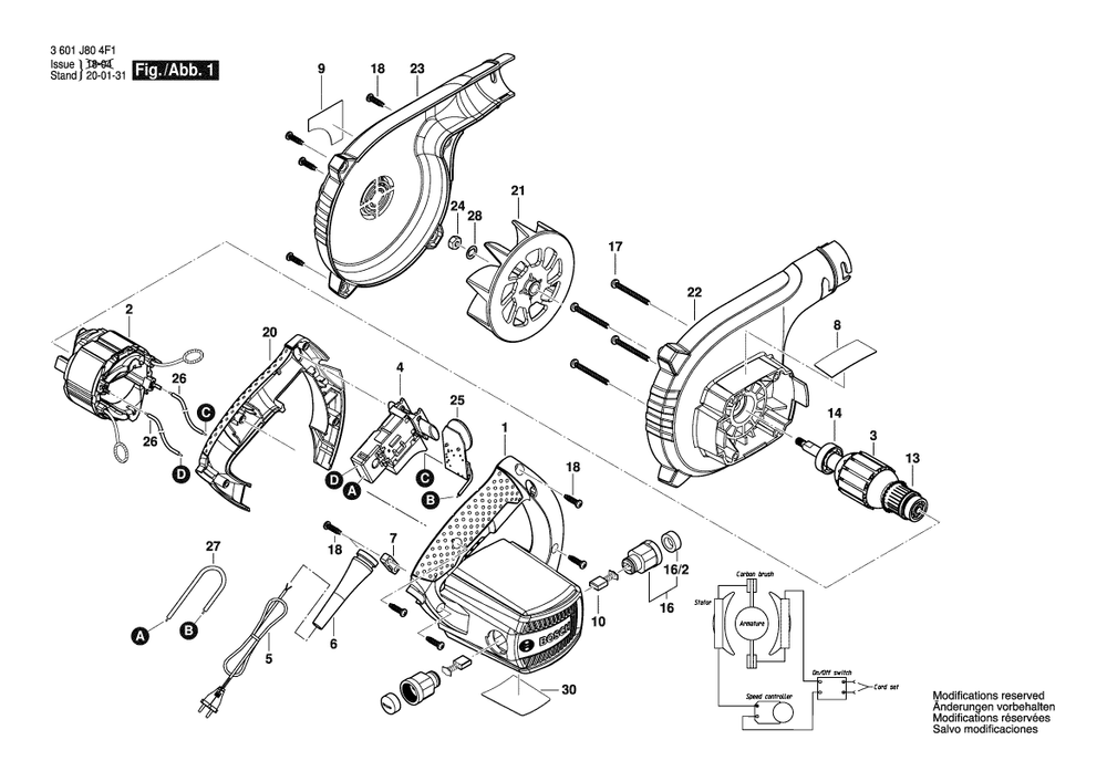 Diagram 1 Diagram and Parts List for GBL800E 3 601 J80 494 Bosch Leaf Blower / Vacuum