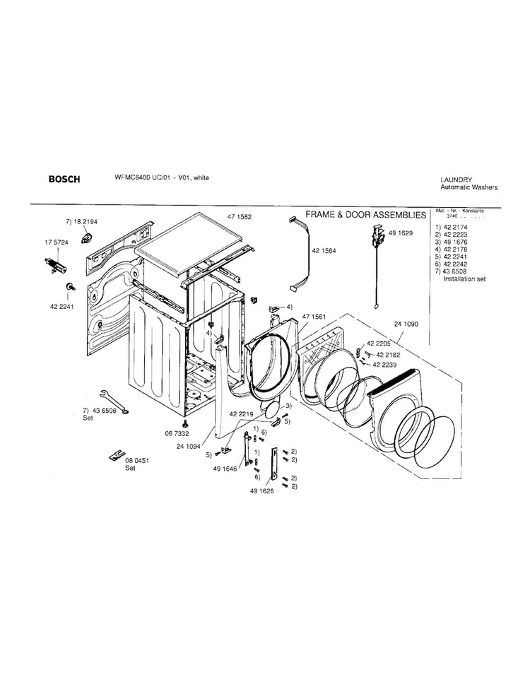 Door Assembly Diagram and Parts List for WFMC6400UC 01 Bosch Washer