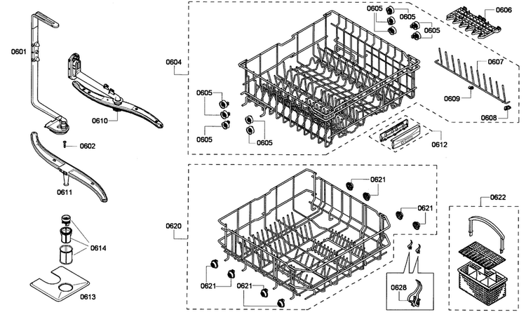 Baskets Diagram and Parts List for SHE33P02UC 60 Bosch Dishwasher