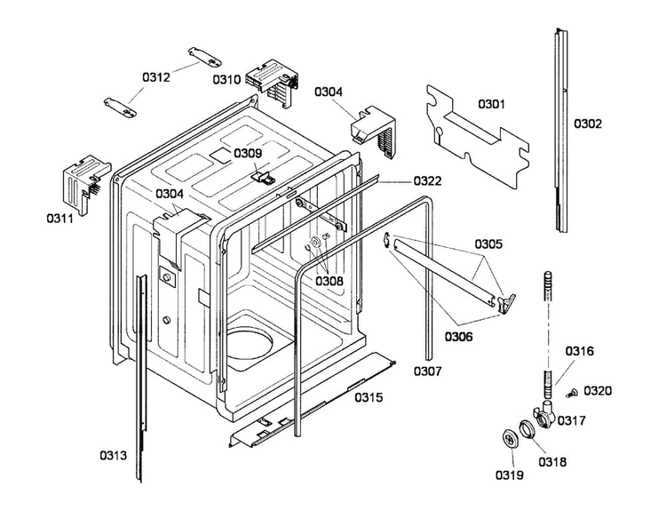 Cabinet Diagram and Parts List for SHE33M06UC 53 Bosch Dishwasher