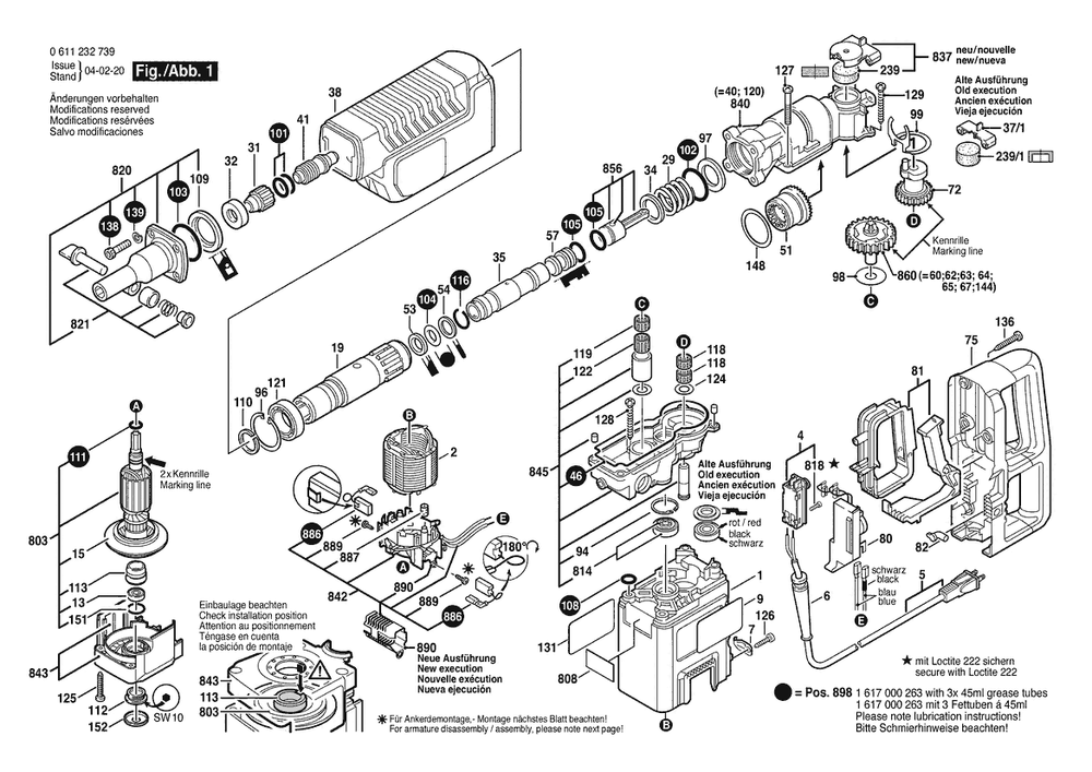 Section 1 Diagram and Parts List for GBH5SBPT 0611232739 Bosch Hammer Drill