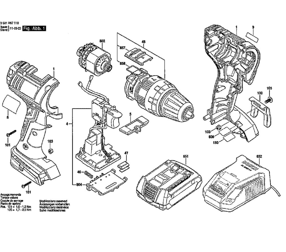 Main Assembly Diagram and Parts List for HDS181B  Bosch Cordless Drill