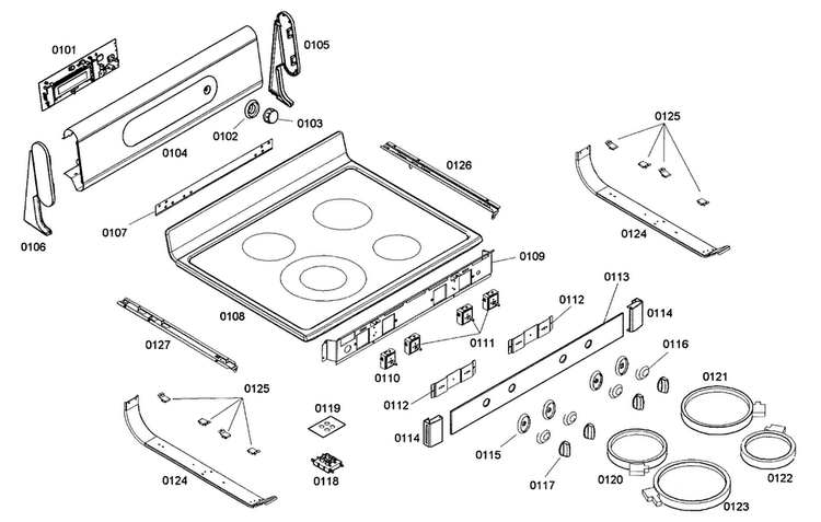 Top Assy Diagram and Parts List for HES345U 01 Bosch Range