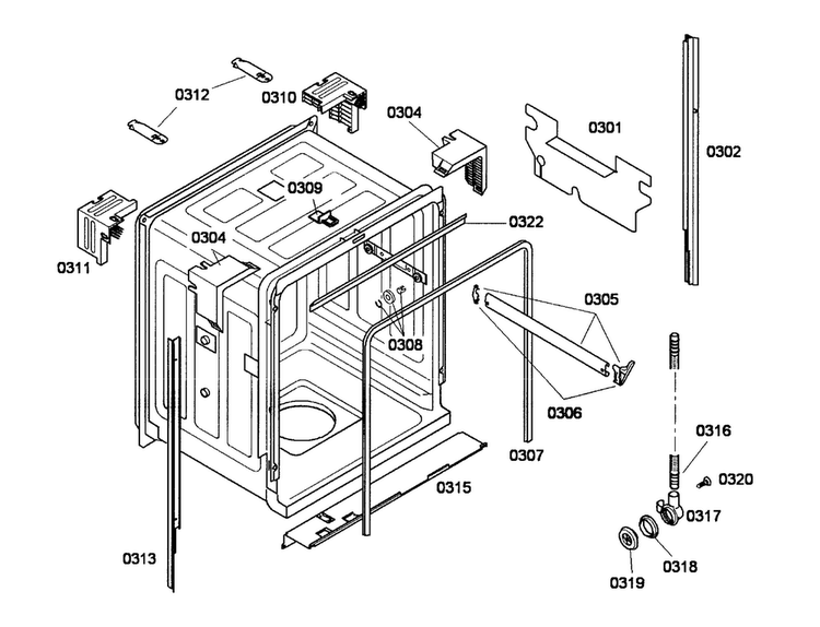 Cabinet Diagram and Parts List for SHE33M06UC 52 Bosch Dishwasher