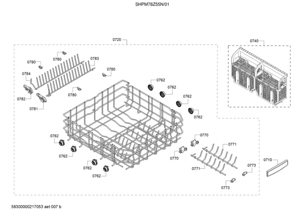 Lower Rack/Cutlery Basket Diagram and Parts List for SHPM78Z55N 01 Bosch Dishwasher