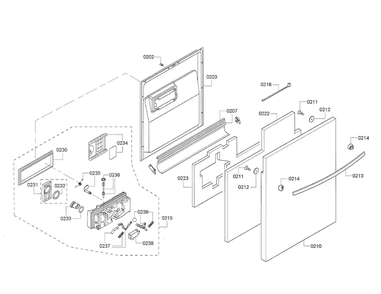 Door/dispenser Diagram and Parts List for SHX33R55UC 64 Bosch Dishwasher