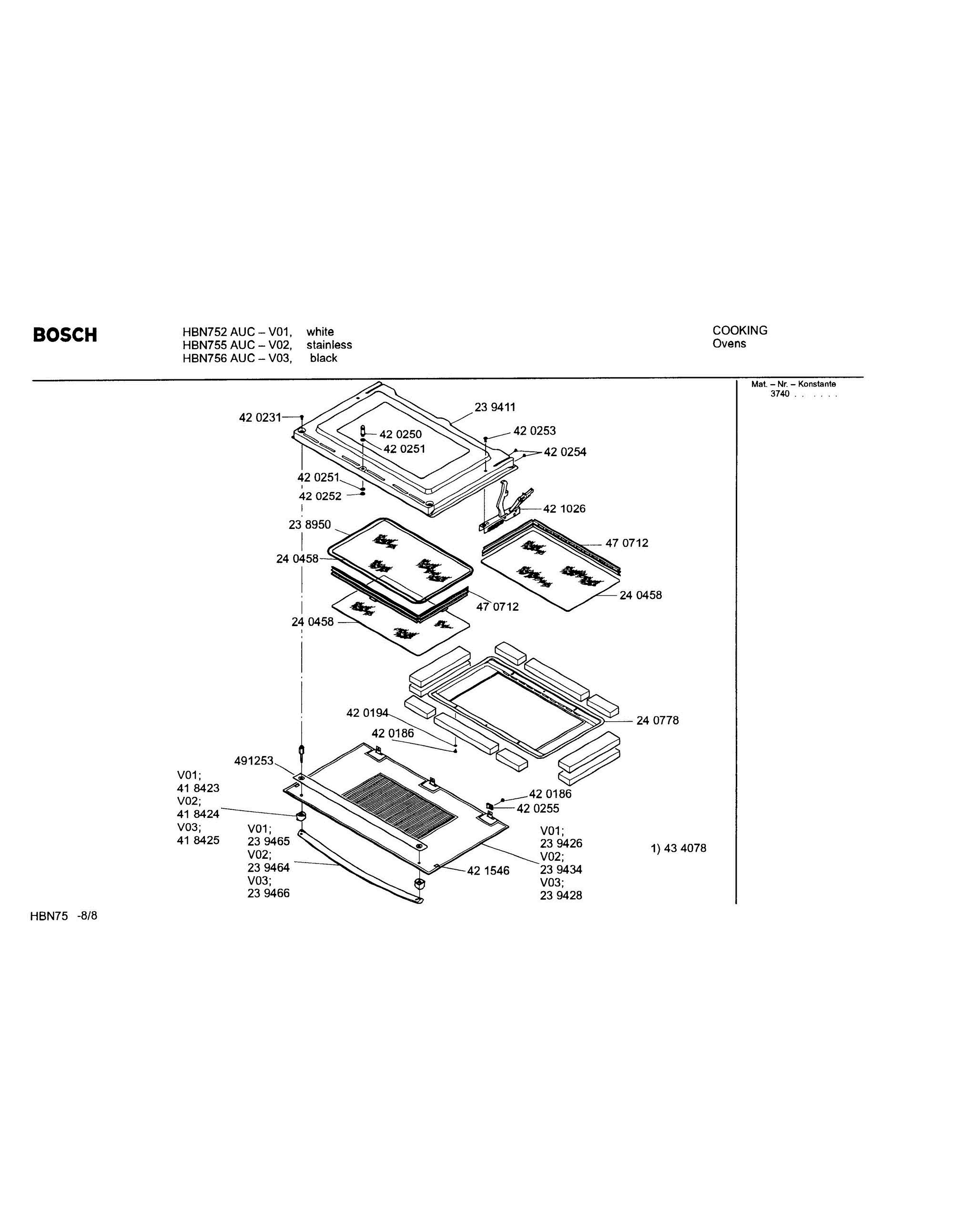 08 - DOOR ASSEMBLY Diagram and Parts List for HBN752AUC(FD8207-)  Bosch Wall Oven