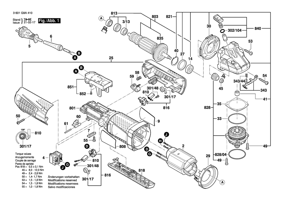 Diagram 1 Diagram and Parts List for AG40-11P 3 601 G9A 410 Bosch Angle Grinder