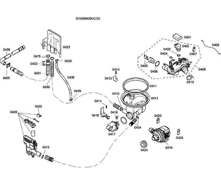 Pump Assy Diagram and Parts List for SHX98M09UC 52 Bosch Dishwasher