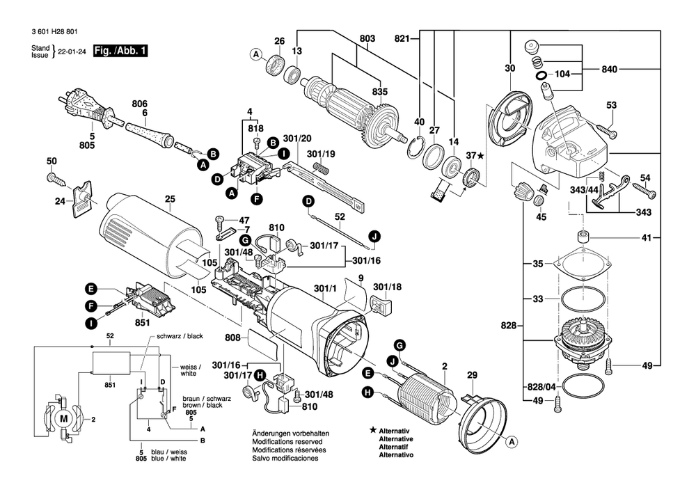 Diagram 1 Diagram and Parts List for GWS1000 3 601 H28 831 Bosch Angle Grinder