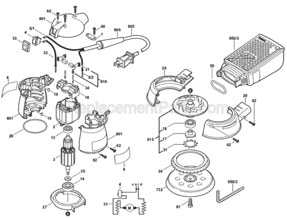 Page A Diagram and Parts List for 1295DP 0601295139 Bosch Orbital or Palm Sander