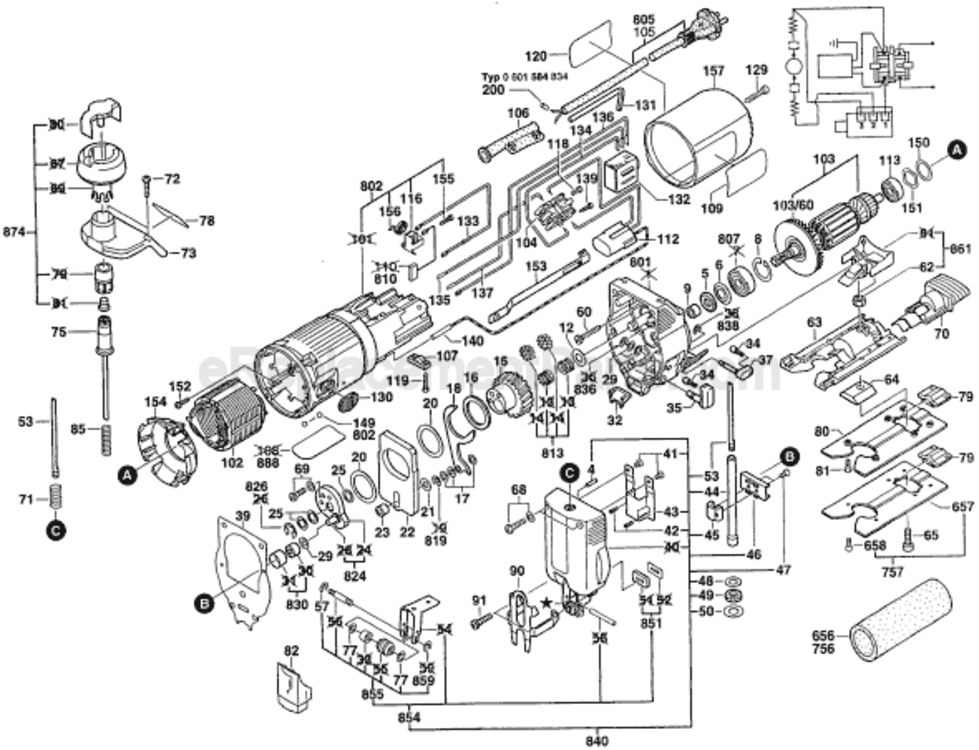 Page A Diagram and Parts List for 1584DVS 0601584839 Bosch Jig Saw