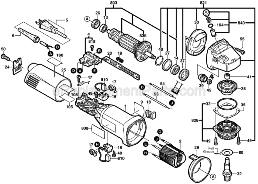 Page A Diagram and Parts List for 1701A 0601801039 Bosch Angle Grinder