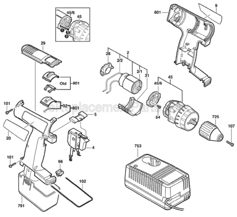 Page A Diagram and Parts List for 3110 0601936639 Bosch Cordless Drill