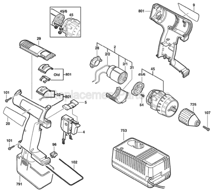 Page A Diagram and Parts List for B2109 0601936646 Bosch Cordless Drill