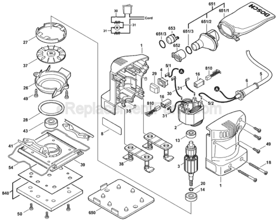 Page A Diagram and Parts List for B7050 0603289035 Bosch Orbital or Palm Sander