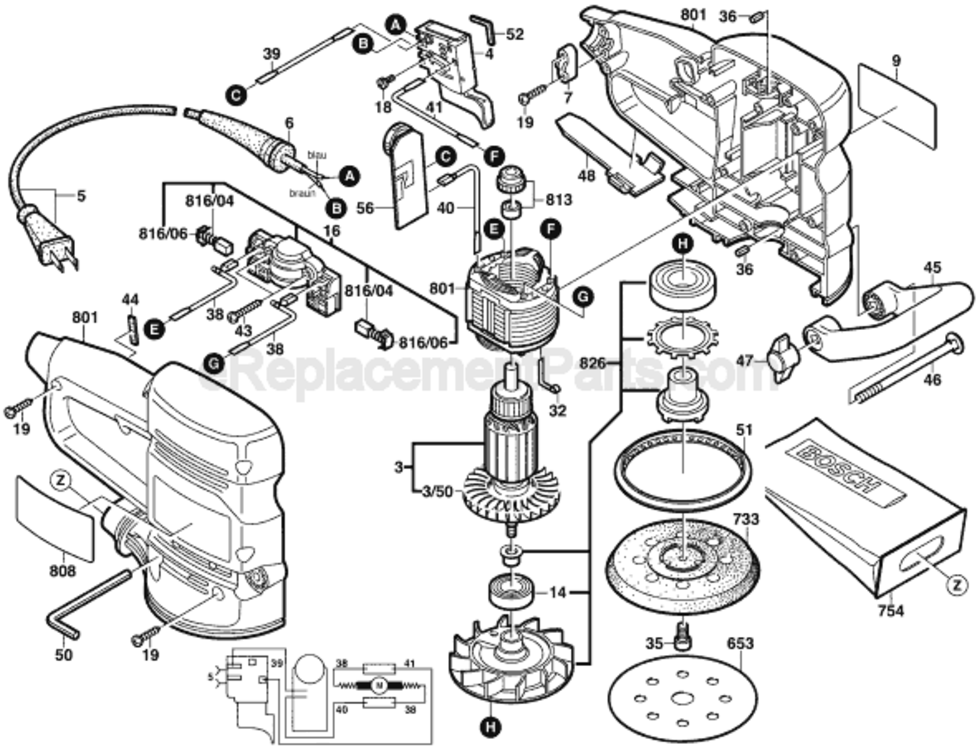 Page A Diagram and Parts List for B7255 0603310735 Bosch Orbital or Palm Sander