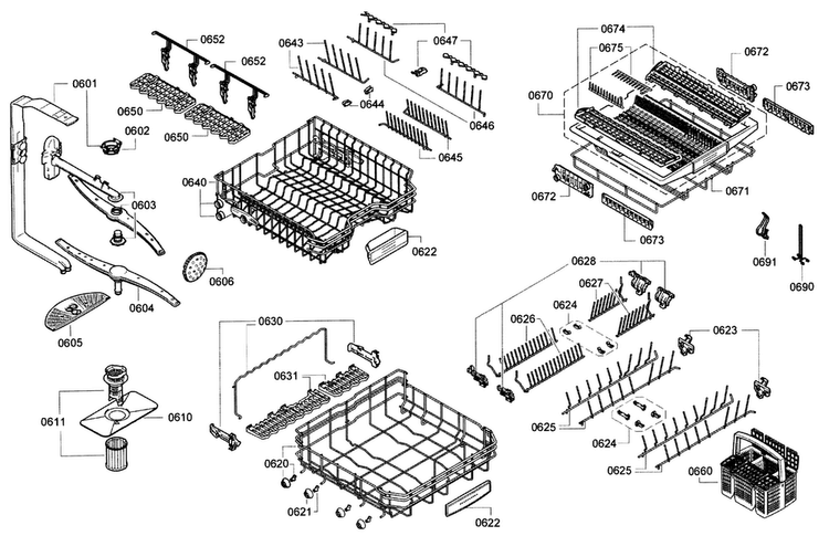 Rack Diagram and Parts List for SHE9PT55UC 74 Bosch Dishwasher