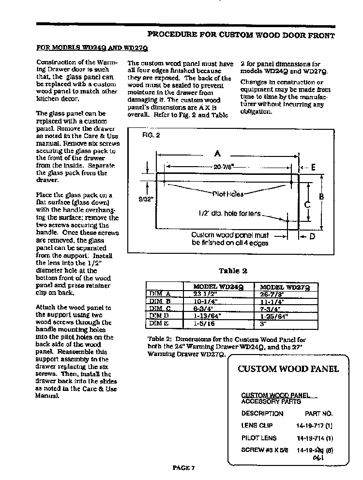 Procedure For Custom Wood Door Front Diagram and Parts List for WD27QB  Thermador Warming Drawer