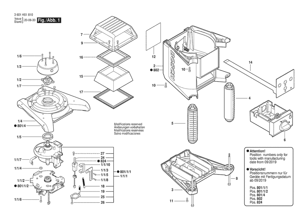 Section 1 Diagram and Parts List for 3601K61810  Bosch Laser Level