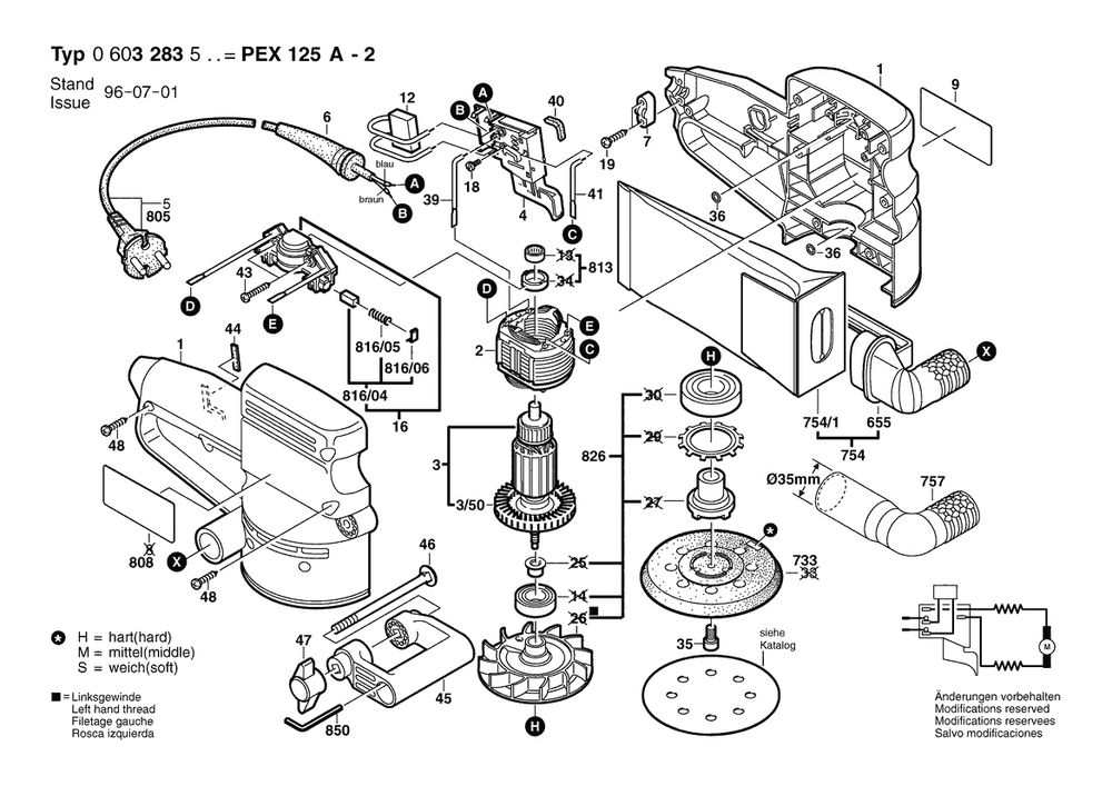 Section 1 Diagram and Parts List for PEX125A-2 0603283532 Bosch Orbital or Palm Sander