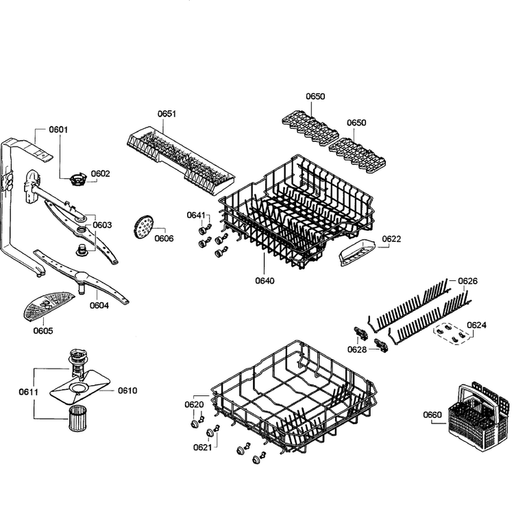 Baskets Diagram and Parts List for SGE63E15UC 50 Bosch Dishwasher