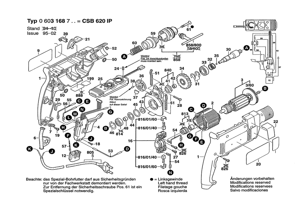 Section 1 Diagram and Parts List for 0603168750  Bosch Hammer Drill