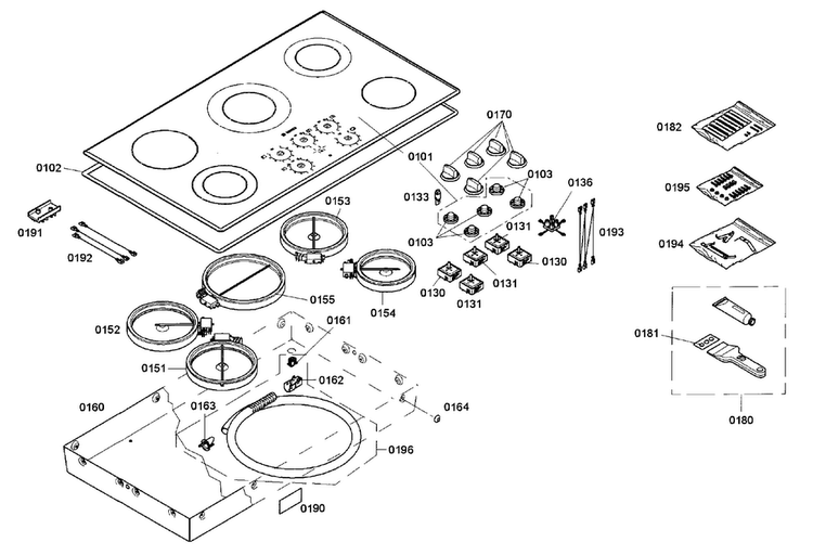 Cooktop Assy Diagram and Parts List for NEM9462UC 01 Bosch Cooktop