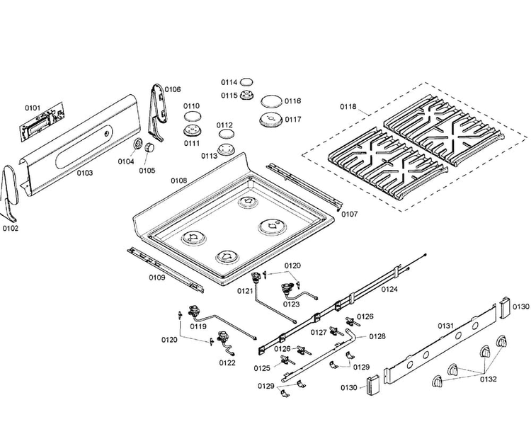 Top Assy Diagram and Parts List for HGS7052UC 03 Bosch Range
