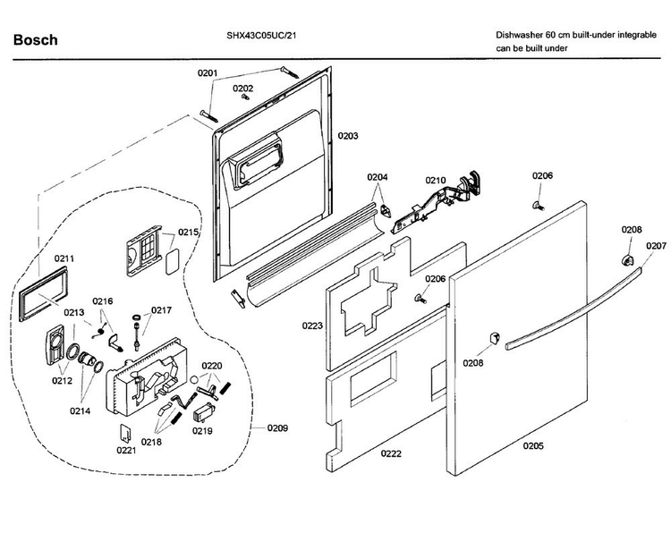 Door Asy Diagram and Parts List for SHX43C05UC 21 Bosch Dishwasher