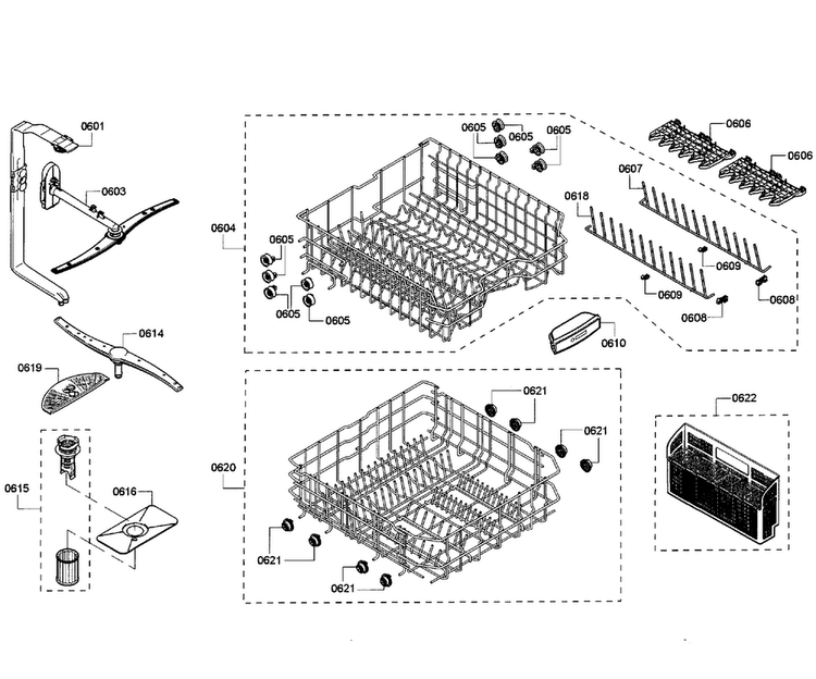Baskets Diagram and Parts List for SHP53T55UC 01 Bosch Dishwasher