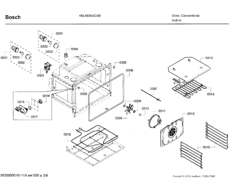 Inner Parts Diagram and Parts List for HBL5650UC 08 Bosch Wall Oven