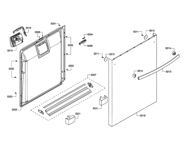 Door/dispenser Diagram and Parts List for SHX4AP06UC 02 Bosch Dishwasher