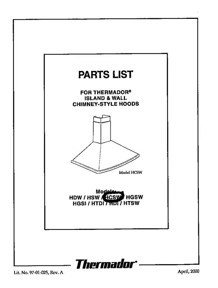 Cover Diagram and Parts List for HCSW  Thermador Range Hood